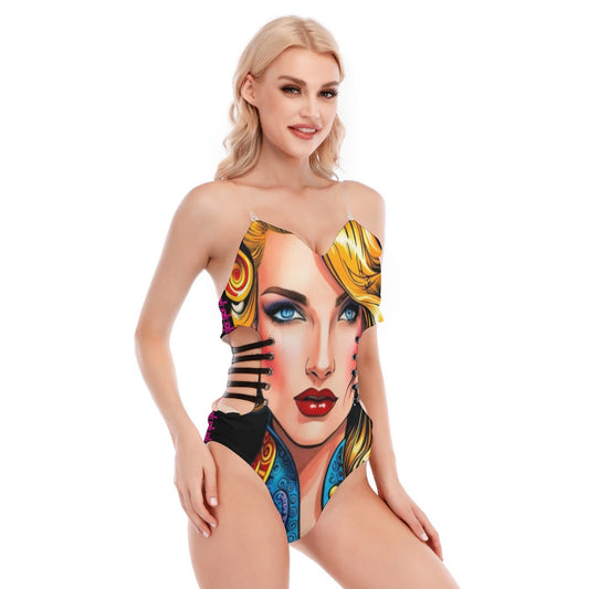 FullbreedCustom Print Women's Tube Top Bodysuit With Side Black Straps