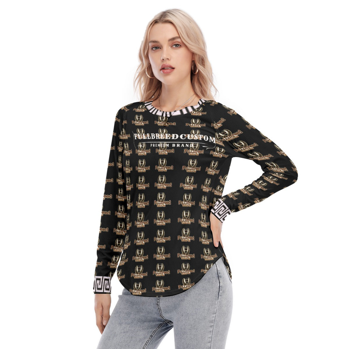 FullbreedCustom Print Women's Raglan Sleeves U-Shaped Hem Long Sleeves Blouse