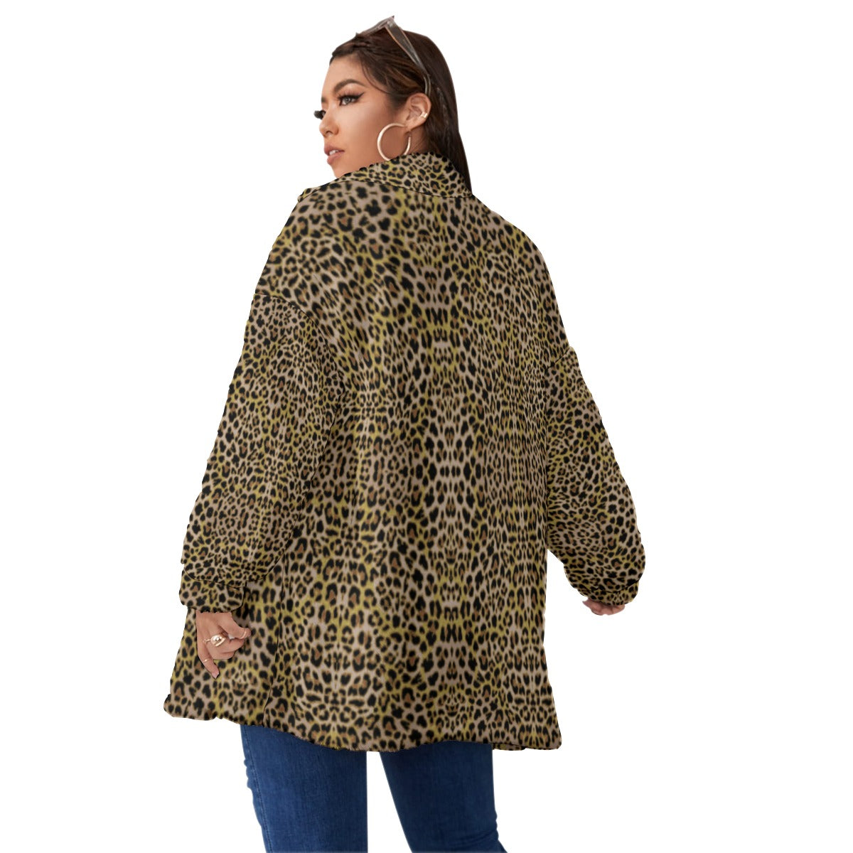 kokorepublicboutique Print Unisex Borg Fleece Stand-up Collar Coat With Zipper Closure(Plus Size)