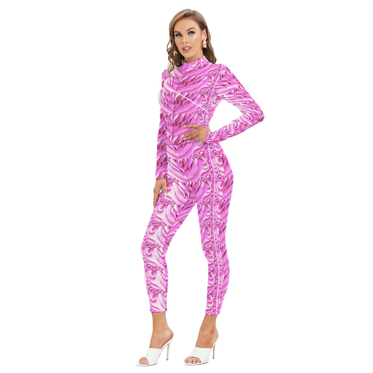 Kokorepublic  Print Women's Long-sleeved High-neck Jumpsuit With Zipper