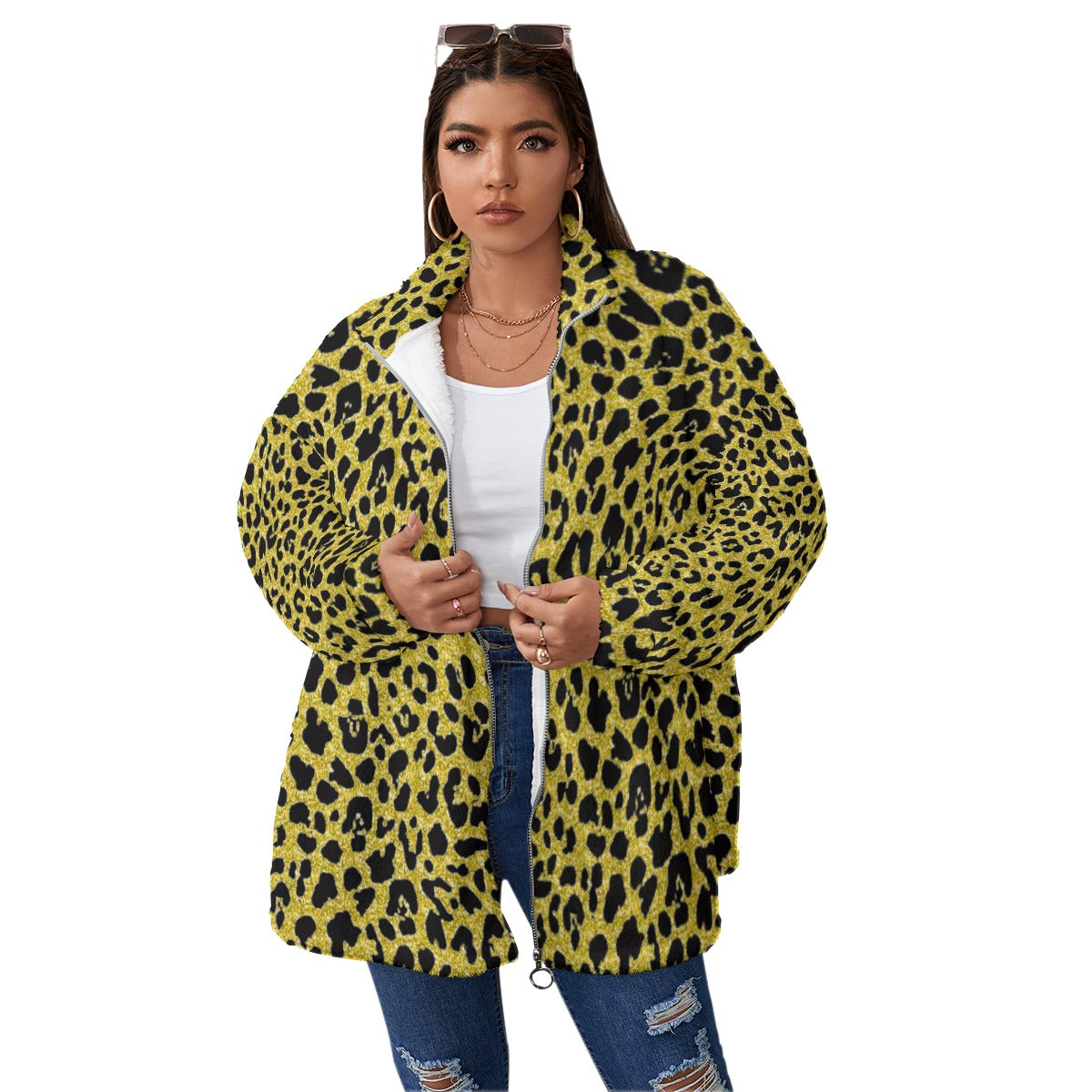 Kokorepublic  Print Unisex Borg Fleece Stand-up Collar Coat With Zipper Closure(Plus Size)