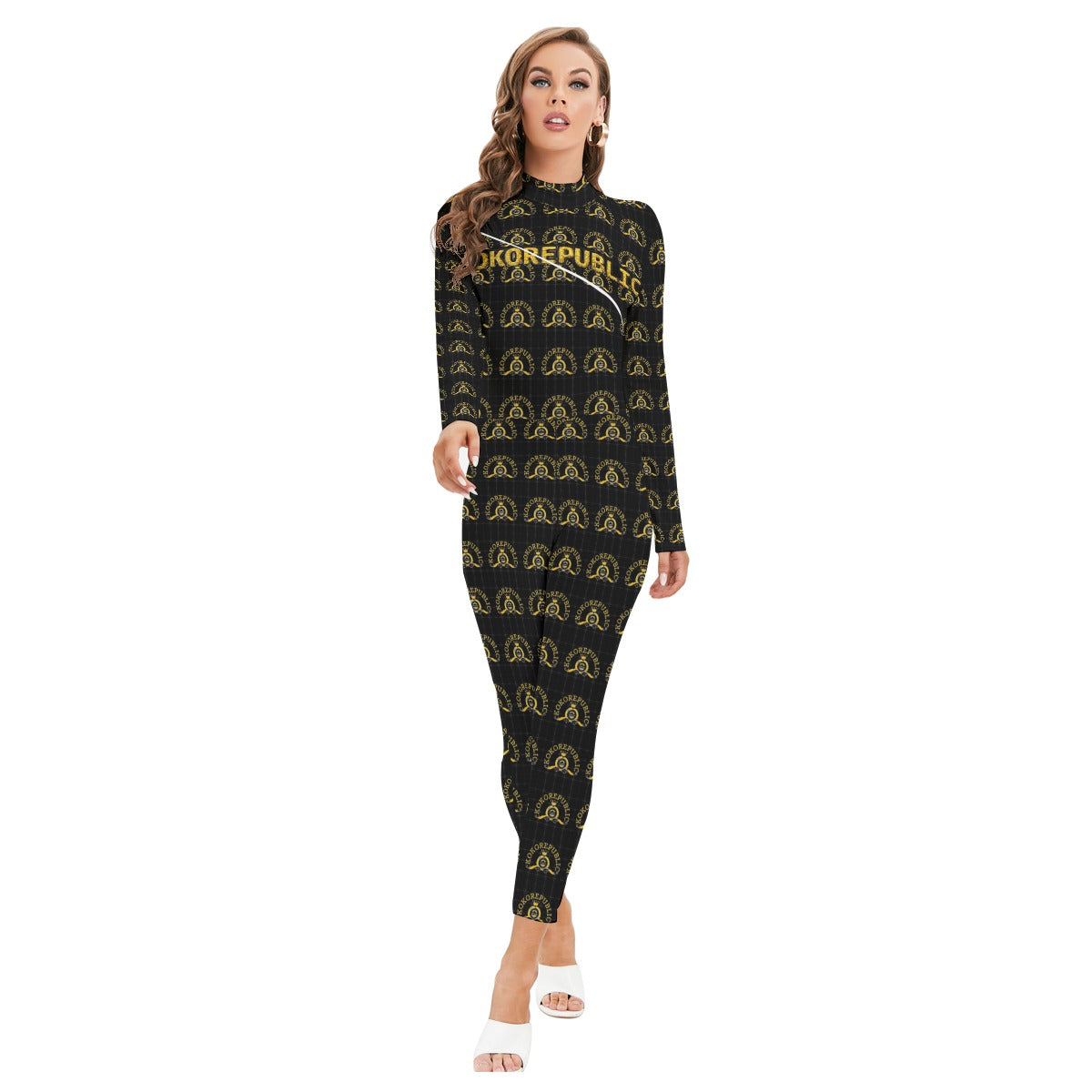 Kokorepublic  Print Women's Long-sleeved High-neck Jumpsuit With Zipper