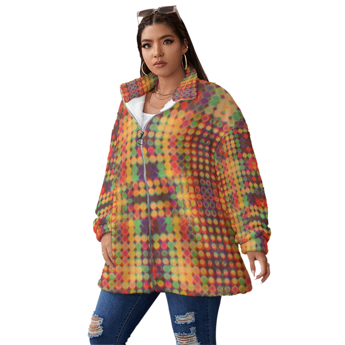 All-Over Print Unisex Borg Fleece Stand-up Collar Coat With Zipper Closure(Plus Size)