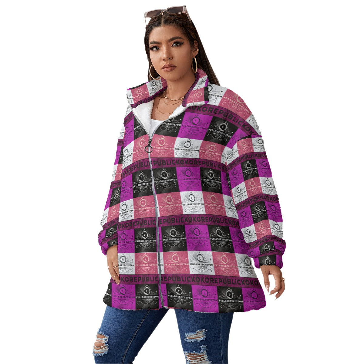 kokorepublicboutique Print Unisex Borg Fleece Stand-up Collar Coat With Zipper Closure(Plus Size)