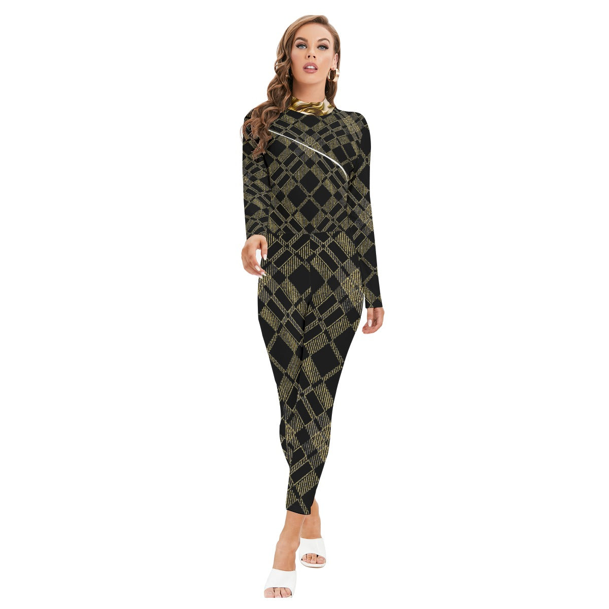 All-Over Print Women's Long-sleeved High-neck Jumpsuit With Zipper