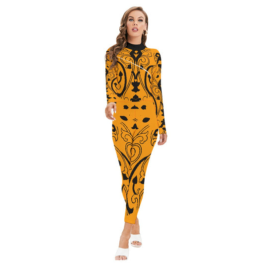 kokorepublic Print Women's Long-sleeved High-neck Jumpsuit With Zipper