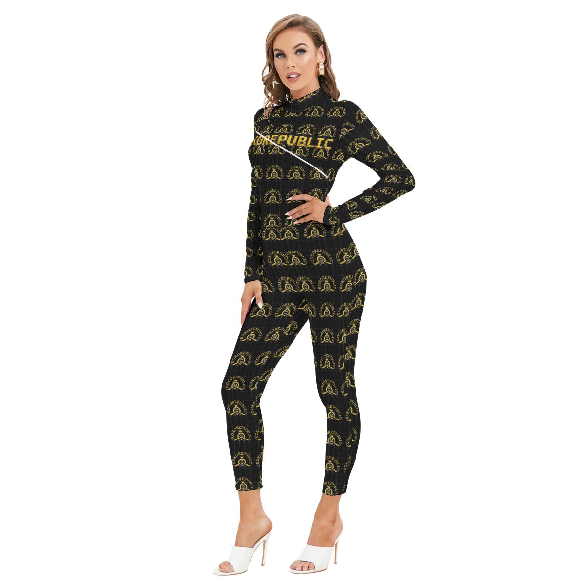 Kokorepublic  Print Women's Long-sleeved High-neck Jumpsuit With Zipper