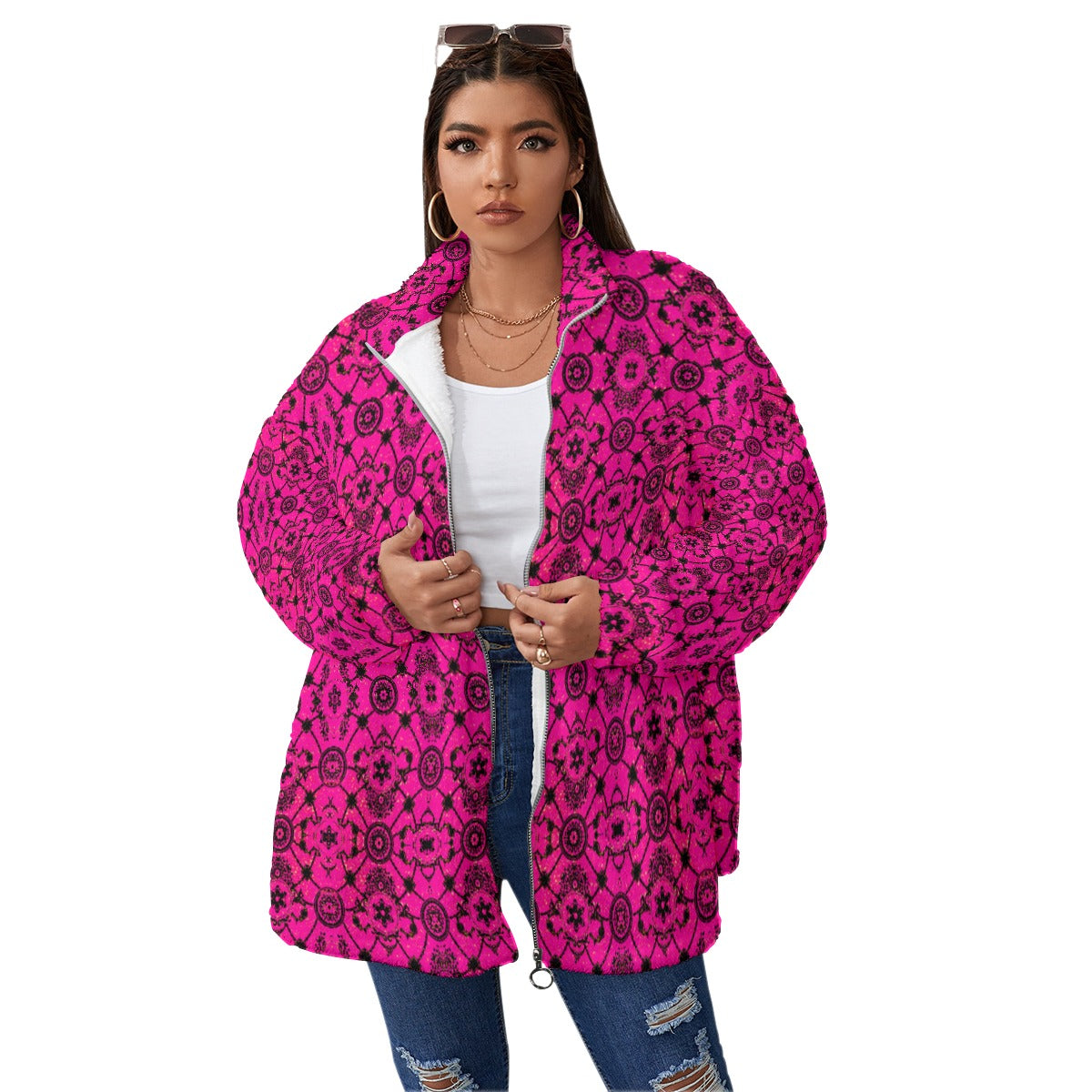 Kokorepublic  Print Unisex Borg Fleece Stand-up Collar Coat With Zipper Closure(Plus Size)