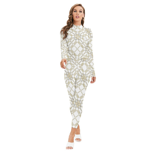 kokorepublic Print Women's Long-sleeved High-neck Jumpsuit With Zipper