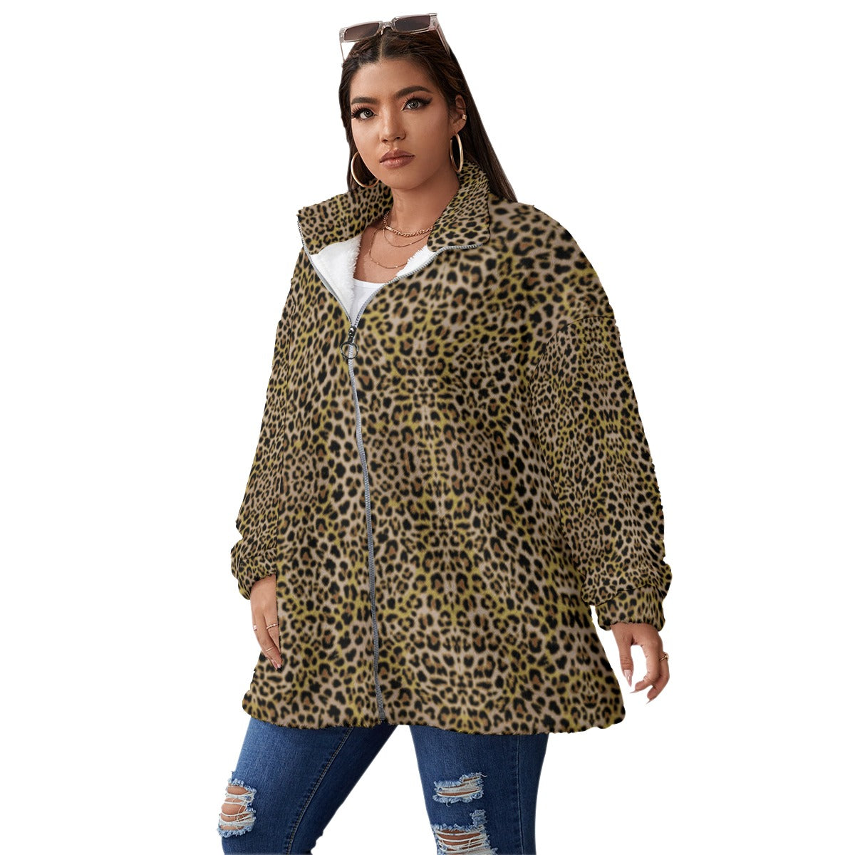 kokorepublicboutique Print Unisex Borg Fleece Stand-up Collar Coat With Zipper Closure(Plus Size)