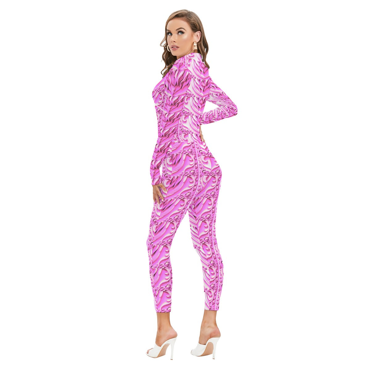 Kokorepublic  Print Women's Long-sleeved High-neck Jumpsuit With Zipper