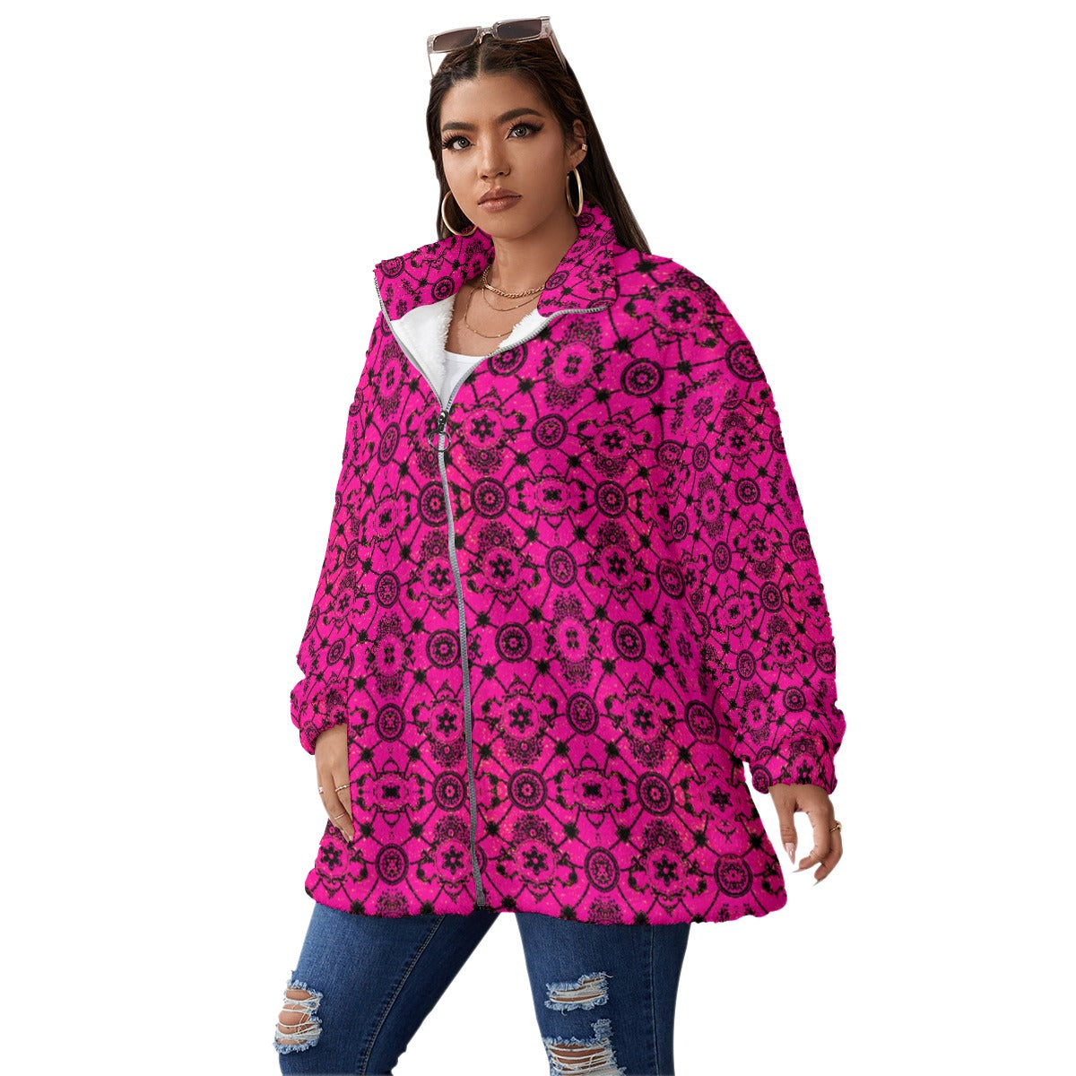 Kokorepublic  Print Unisex Borg Fleece Stand-up Collar Coat With Zipper Closure(Plus Size)