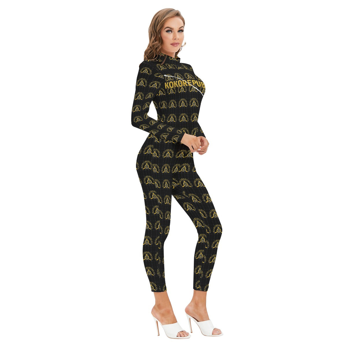 Kokorepublic  Print Women's Long-sleeved High-neck Jumpsuit With Zipper