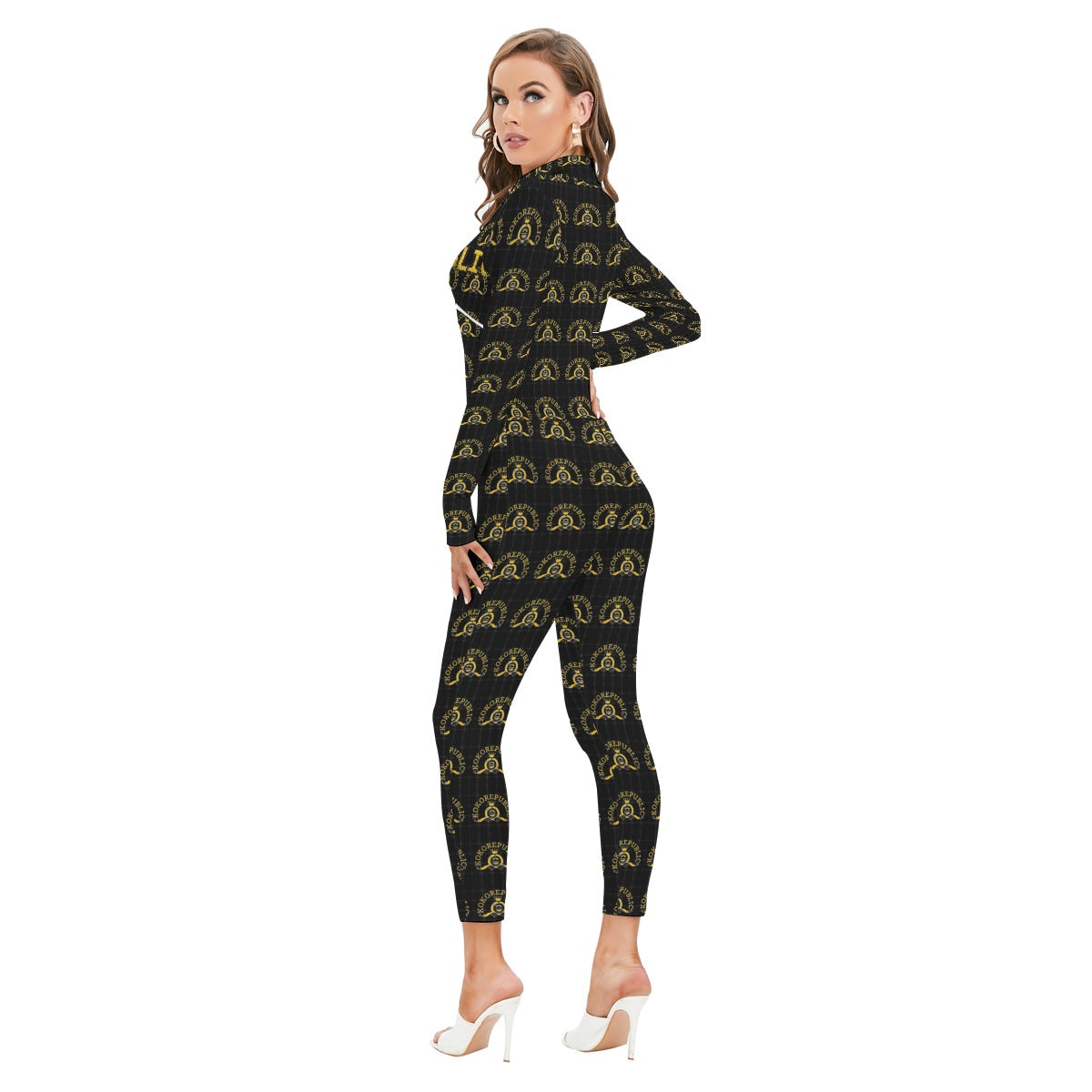 Kokorepublic  Print Women's Long-sleeved High-neck Jumpsuit With Zipper