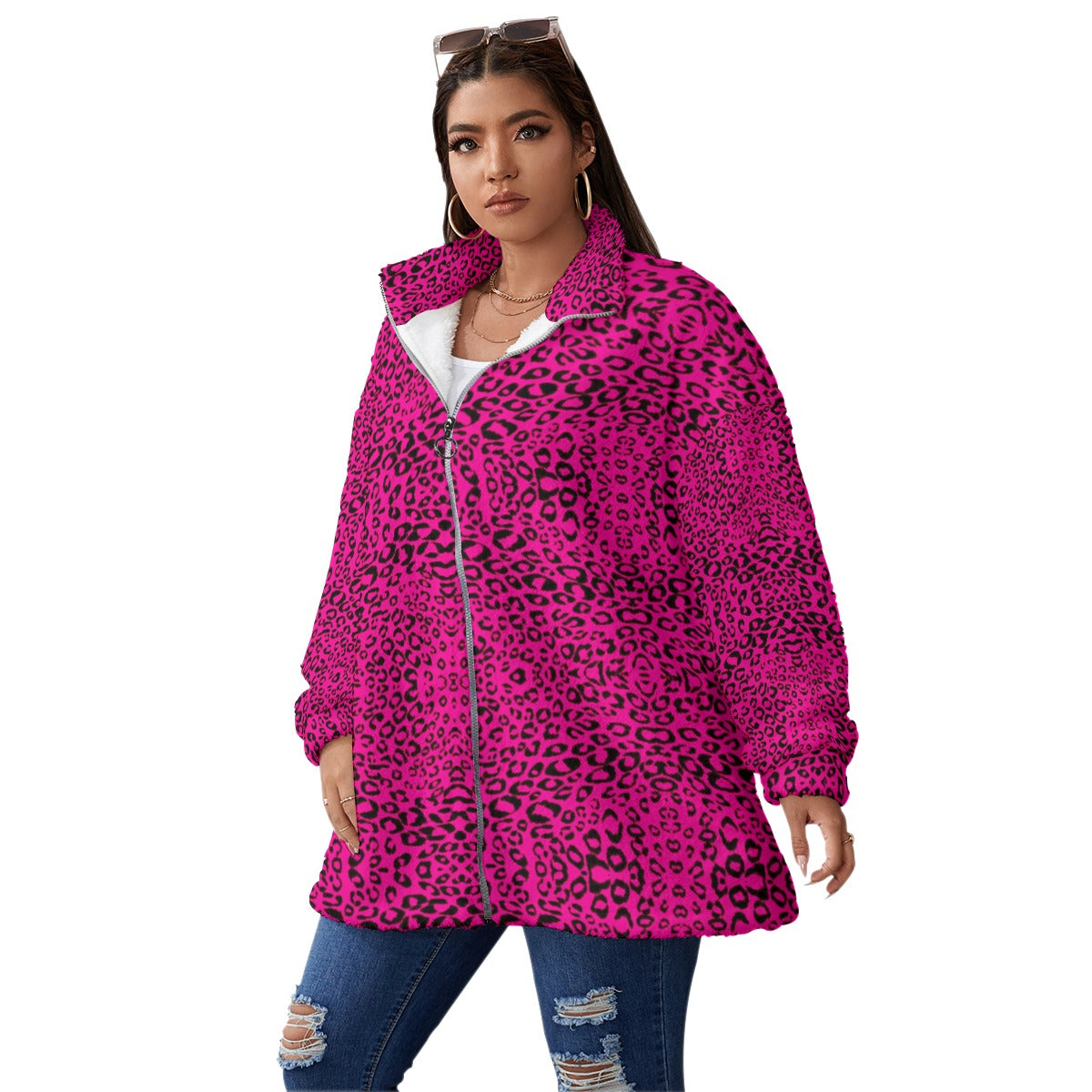 kokorepublicboutique Print Unisex Borg Fleece Stand-up Collar Coat With Zipper Closure(Plus Size)