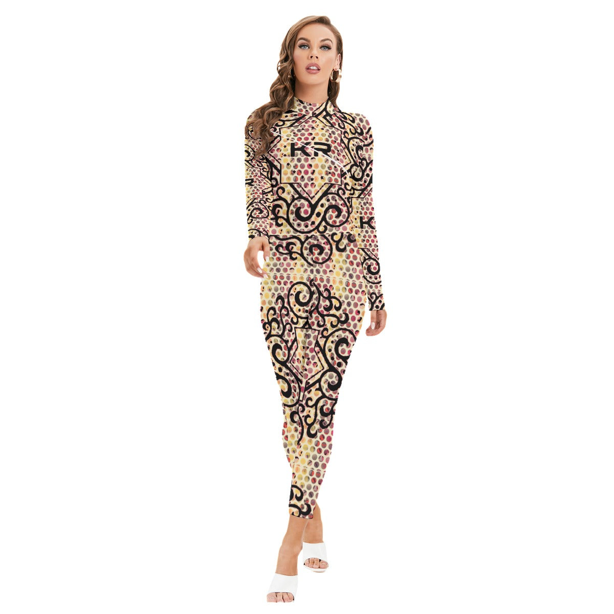 All-Over Print Women's Long-sleeved High-neck Jumpsuit With Zipper