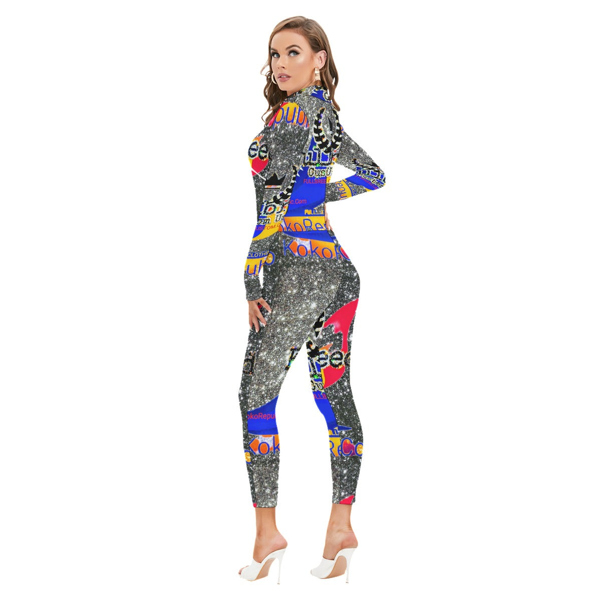 All-Over Print Women's Long-sleeved High-neck Jumpsuit With Zipper