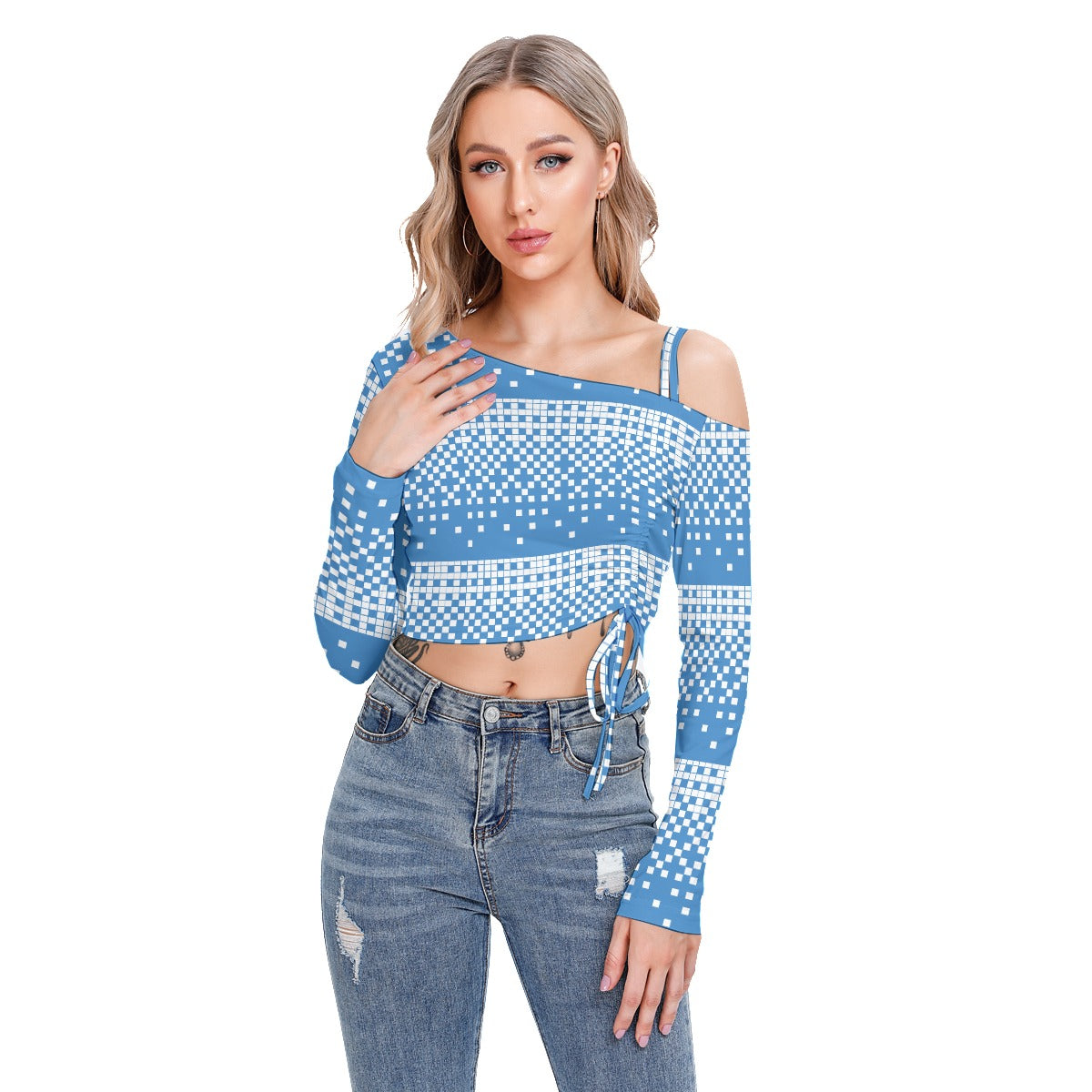 All-Over Print Women's One-shoulder Blouse With Drawstring