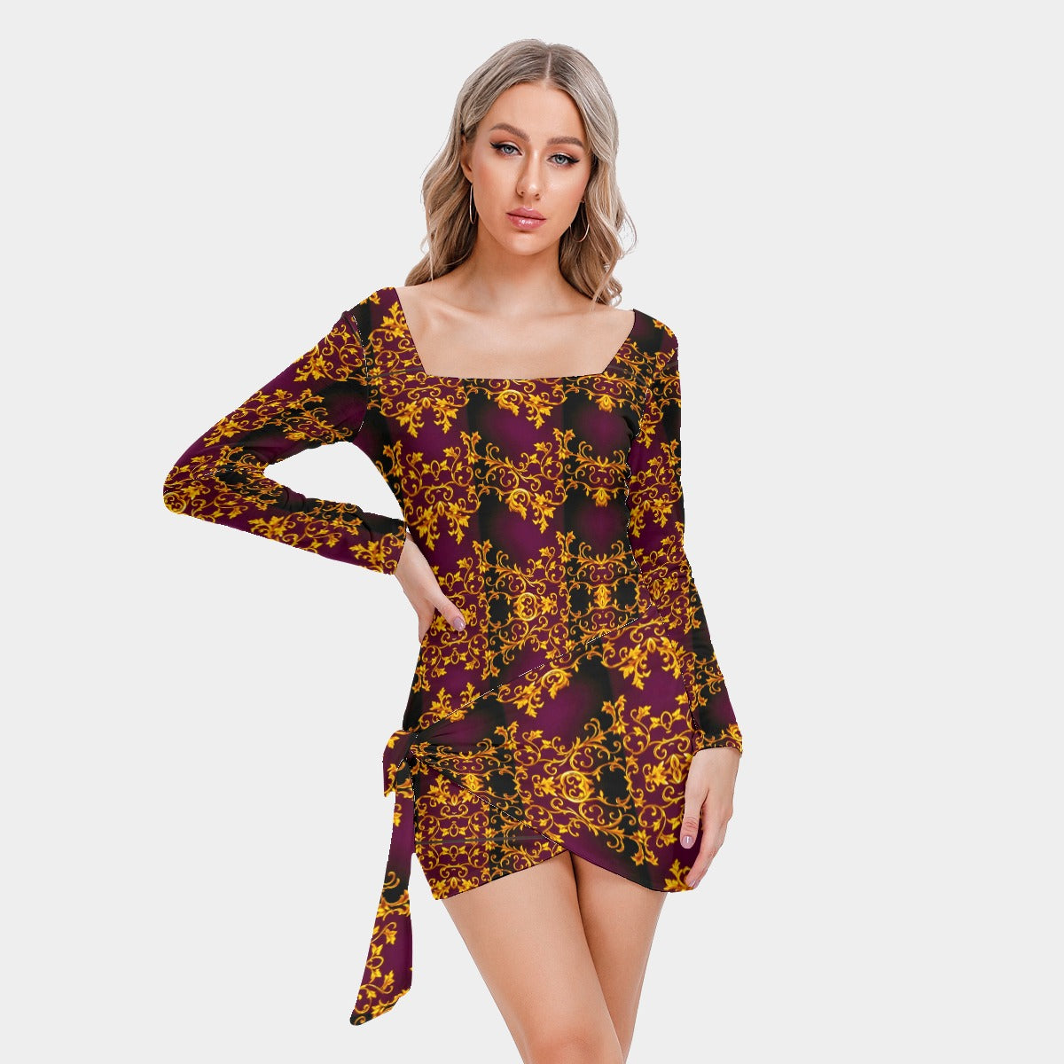 All-Over Print Women’s Square Collar Dress With Long Sleeve