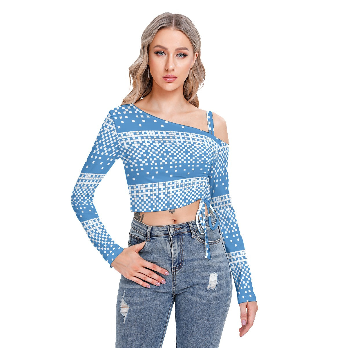 All-Over Print Women's One-shoulder Blouse With Drawstring