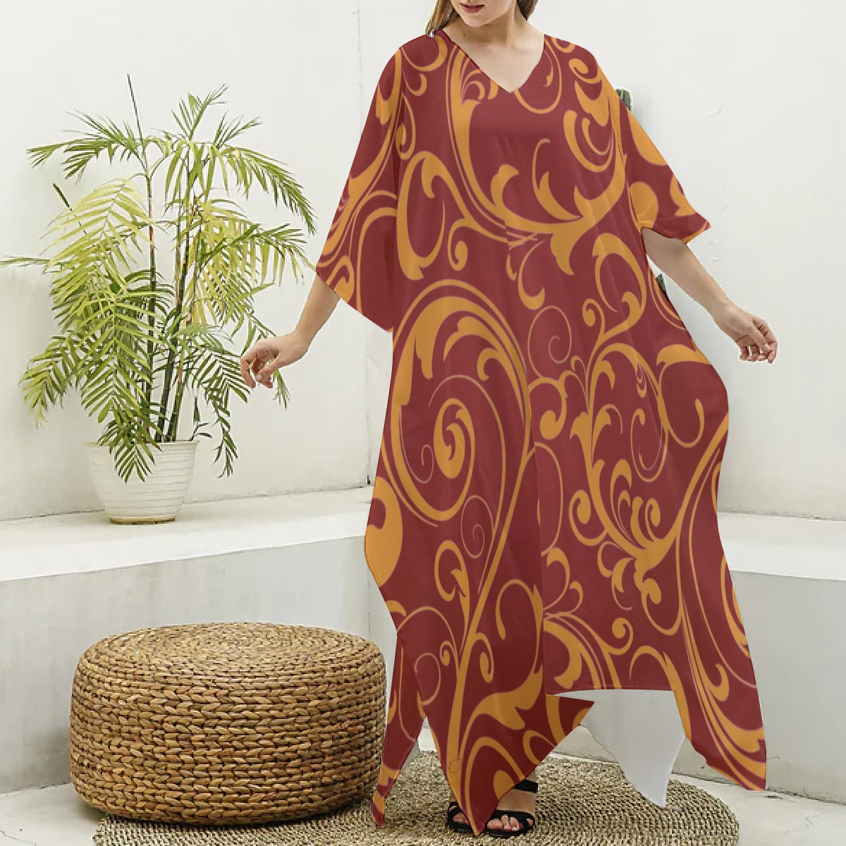 All-Over Print Women's Imitation Silk V-neck Kaftan Robe