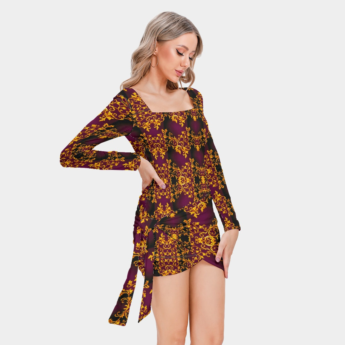 All-Over Print Women’s Square Collar Dress With Long Sleeve