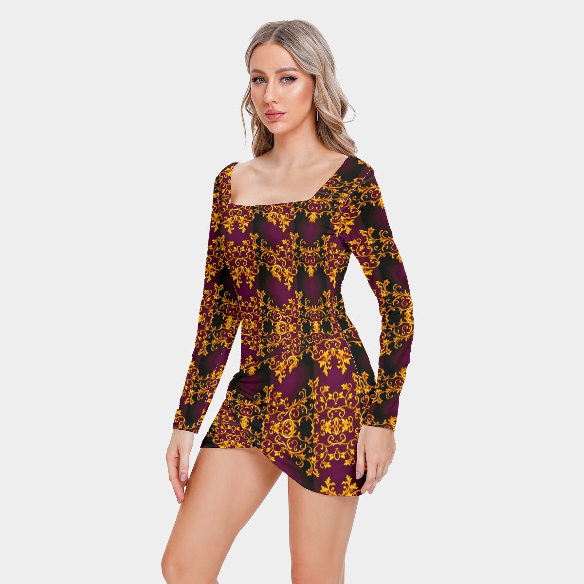 All-Over Print Women’s Square Collar Dress With Long Sleeve