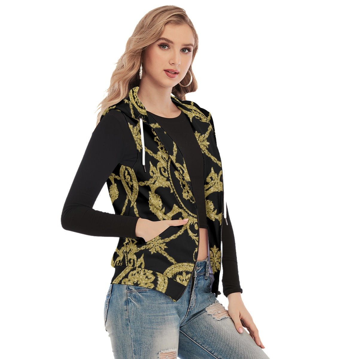 All-Over Print Women's Sleeveless Hoodie With Zipper Closure