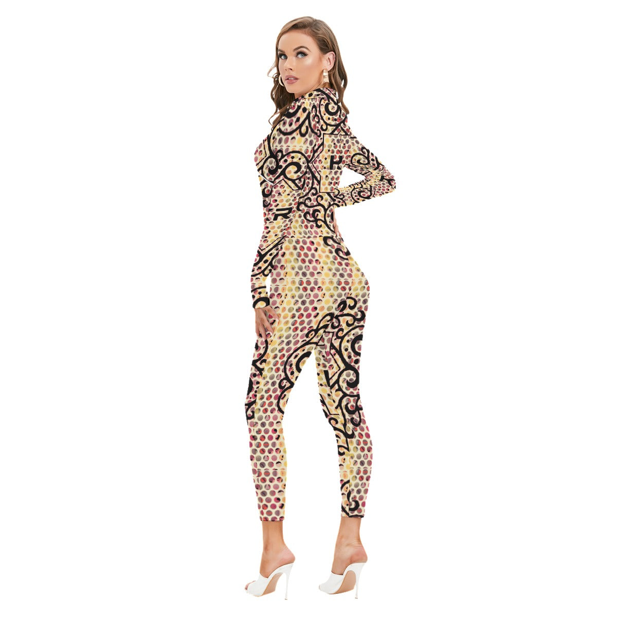 All-Over Print Women's Long-sleeved High-neck Jumpsuit With Zipper