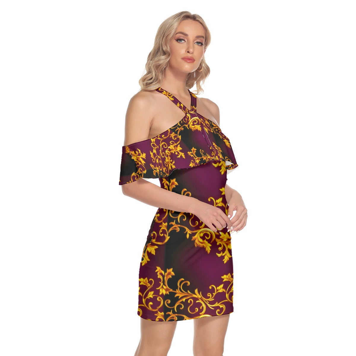 All-Over Print Women's Cold Shoulder Cami Dress With Ruffle