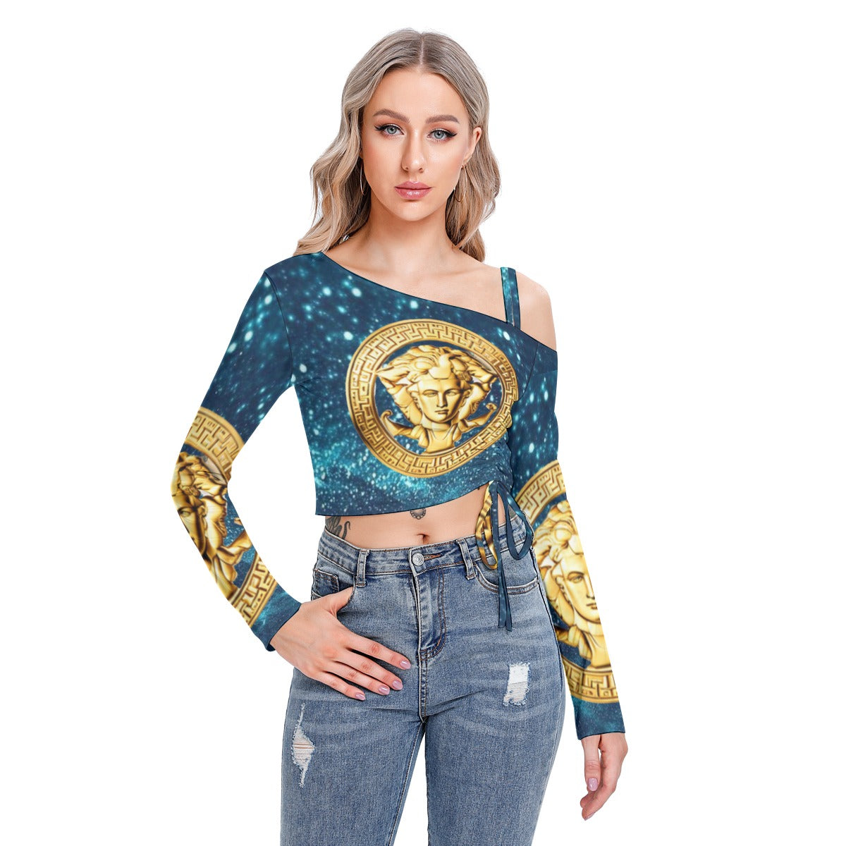 All-Over Print Women's One-shoulder Blouse With Drawstring