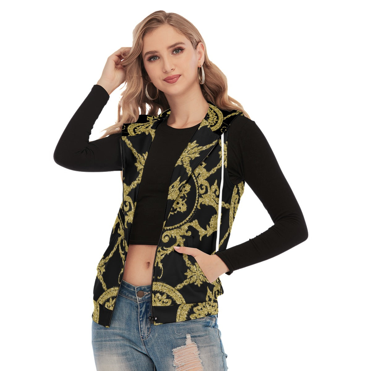 All-Over Print Women's Sleeveless Hoodie With Zipper Closure