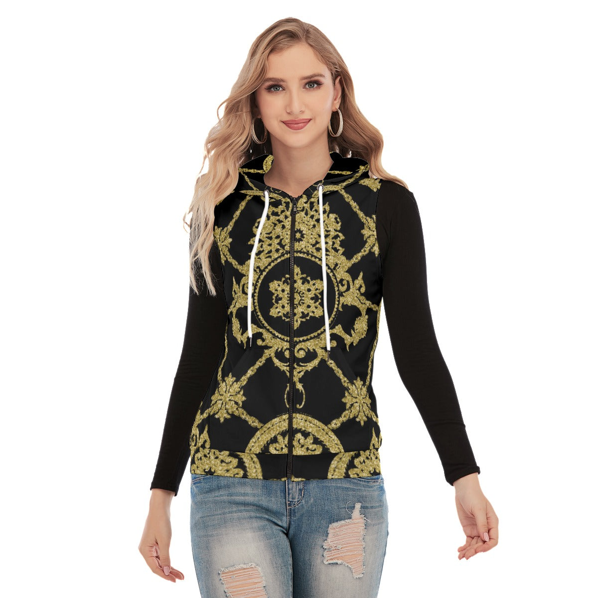 All-Over Print Women's Sleeveless Hoodie With Zipper Closure