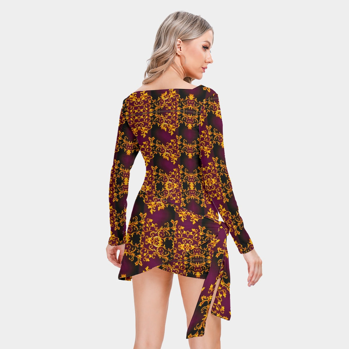 All-Over Print Women’s Square Collar Dress With Long Sleeve