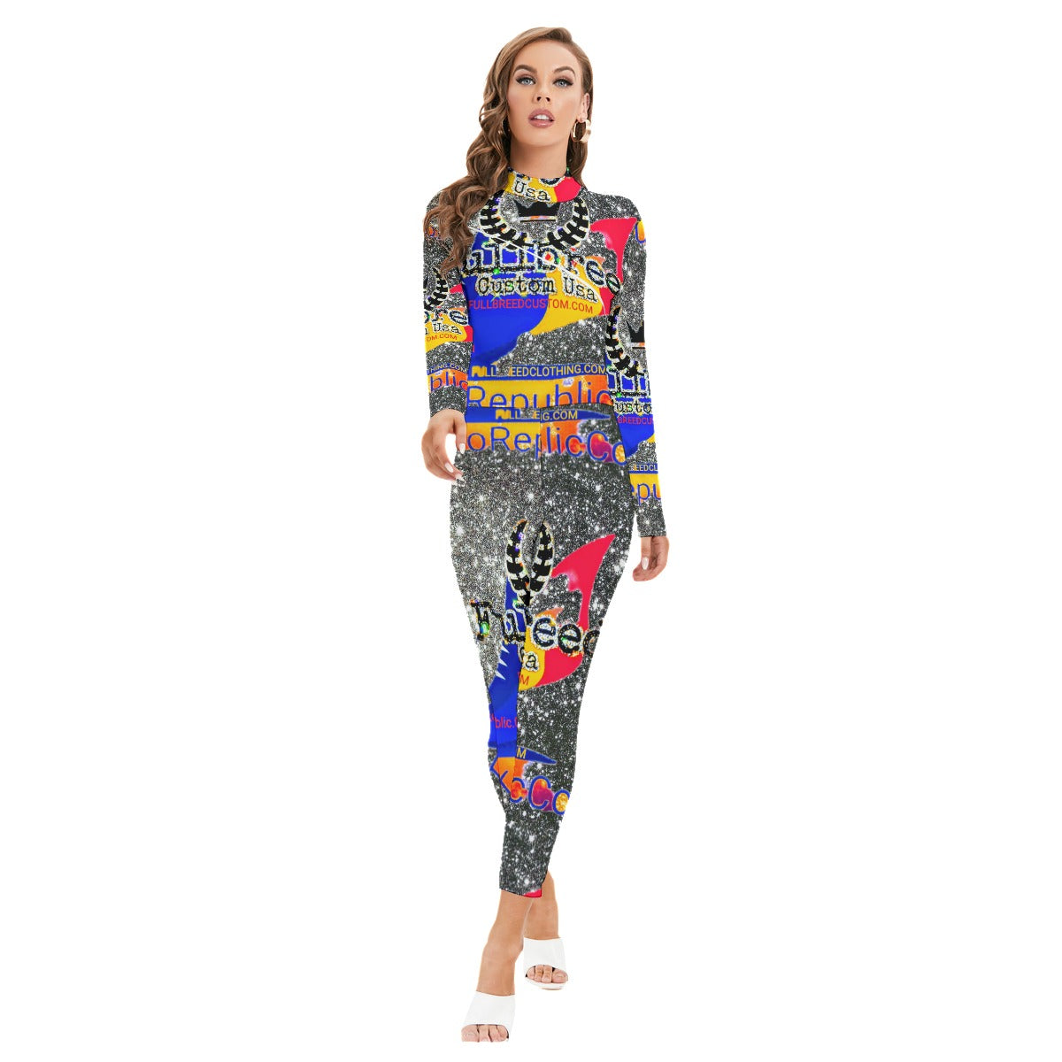 All-Over Print Women's Long-sleeved High-neck Jumpsuit With Zipper