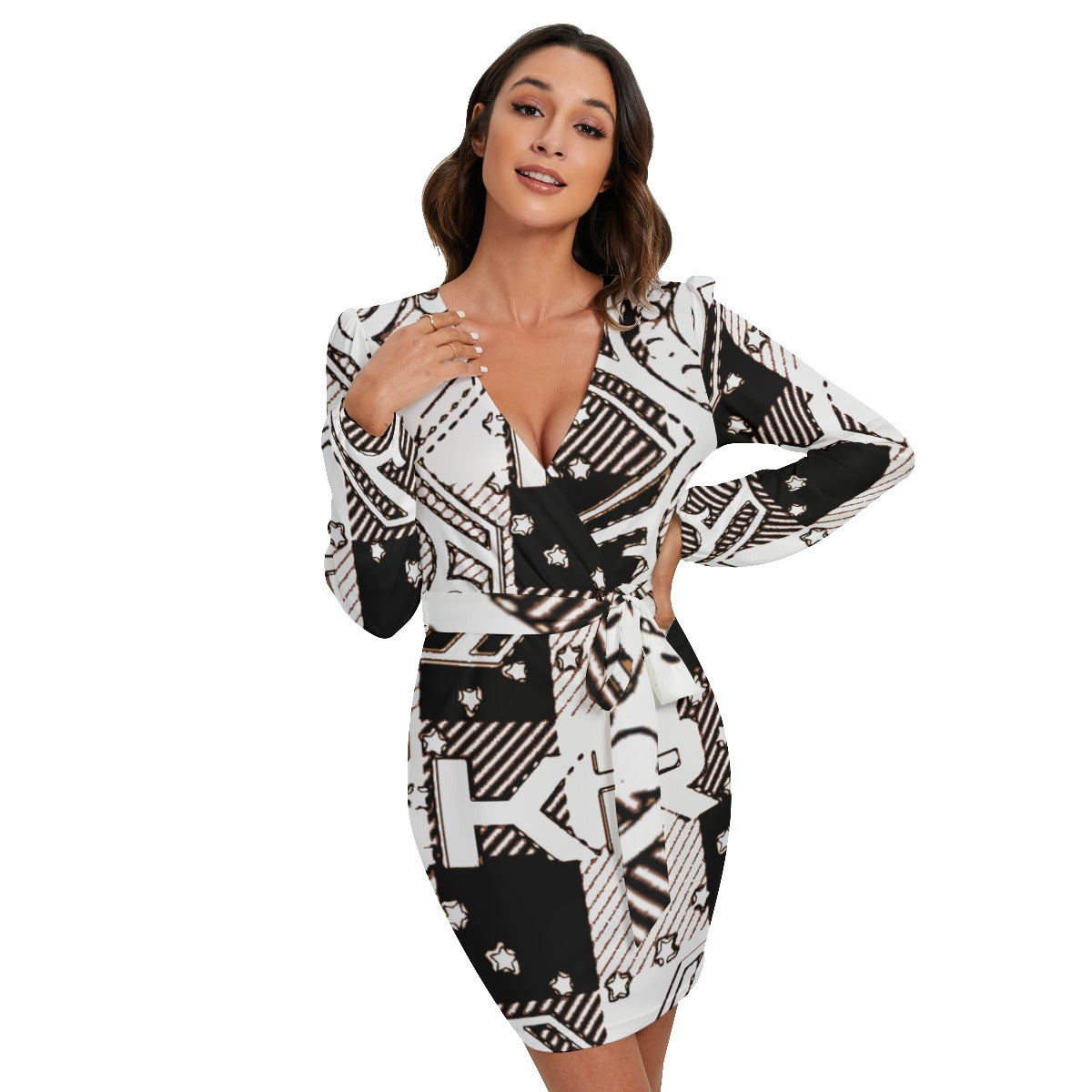 All-Over Print Women's Long Sleeve Dress With Waist Belt