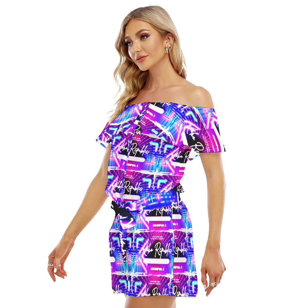 All-Over Print Women's Off-shoulder Ruffled Romper