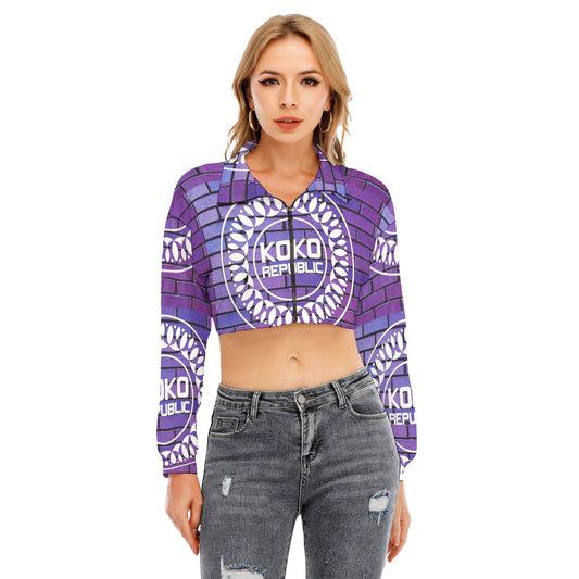 All-Over Print Women's Lapel Collar Cropped Sweatshirt With Long Sleeve