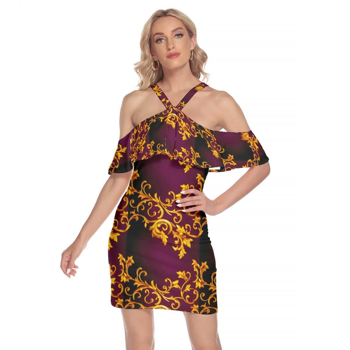 All-Over Print Women's Cold Shoulder Cami Dress With Ruffle