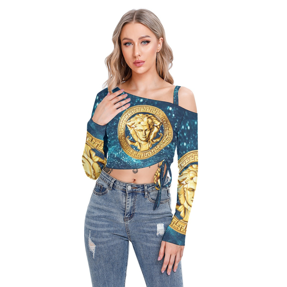 All-Over Print Women's One-shoulder Blouse With Drawstring