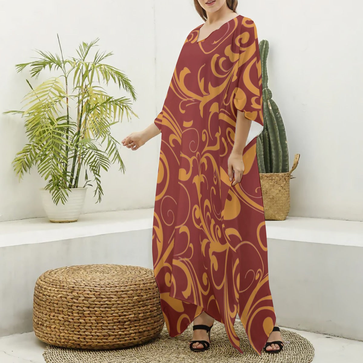 All-Over Print Women's Imitation Silk V-neck Kaftan Robe