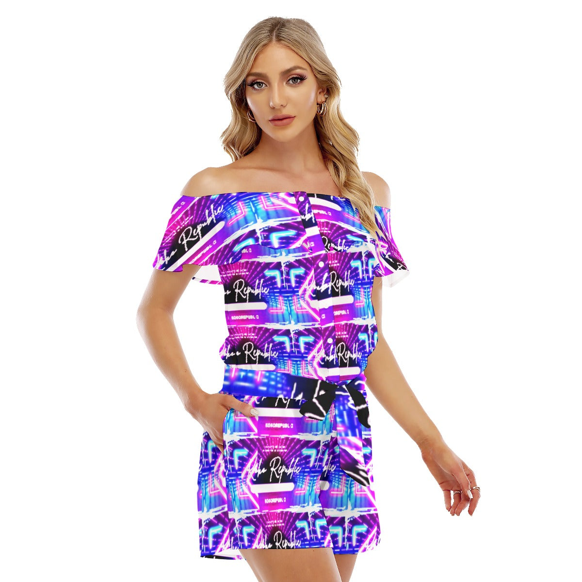 All-Over Print Women's Off-shoulder Ruffled Romper