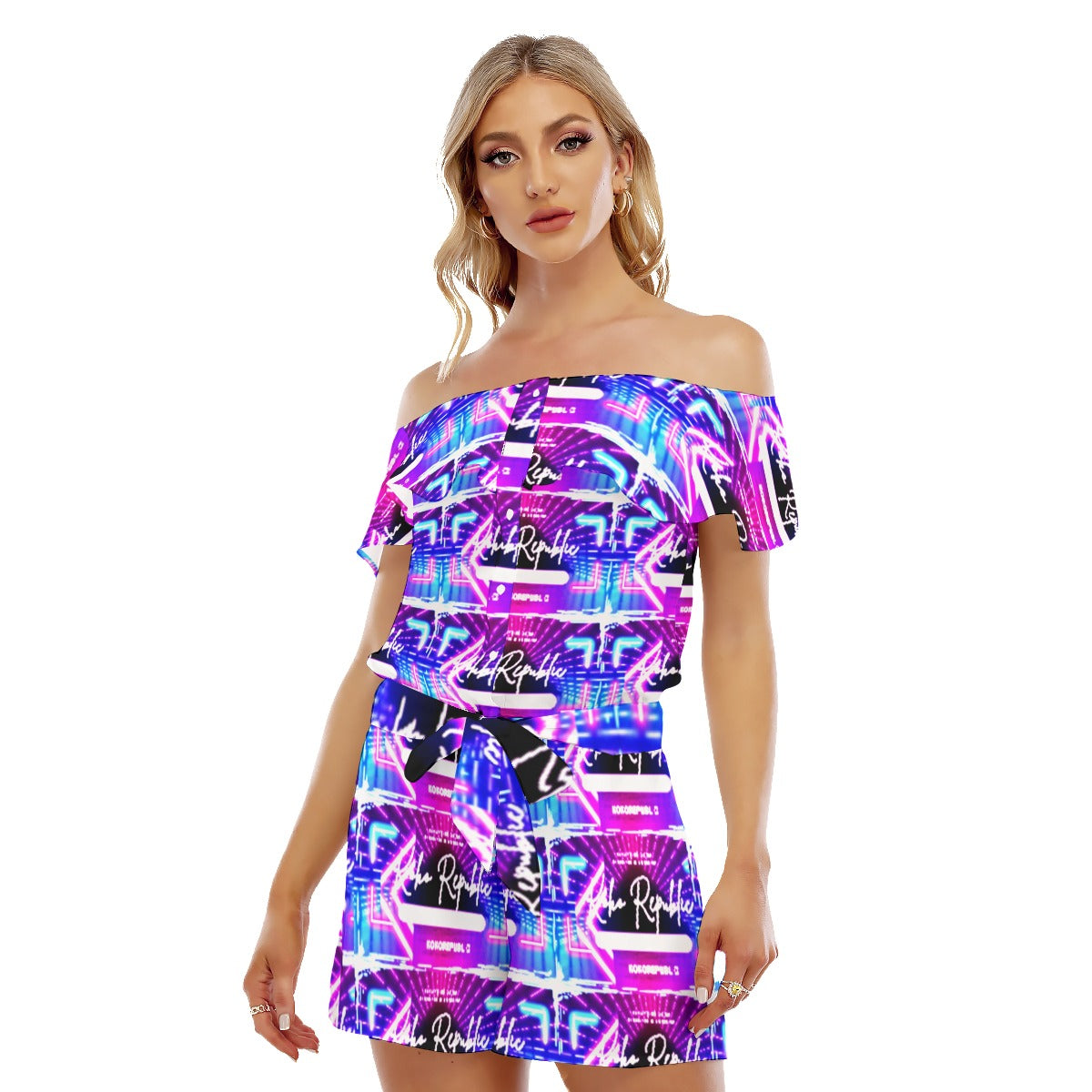 All-Over Print Women's Off-shoulder Ruffled Romper